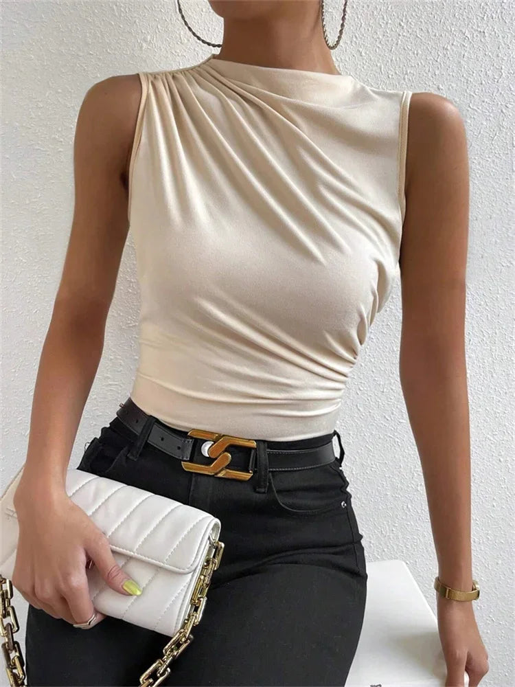 Fashion Casual Mock Neck Ruched Tank Top for Women Summer 2024 Solid Color Pleated Sleeveless Tee Shirt Tshirt Streetwear Y2K