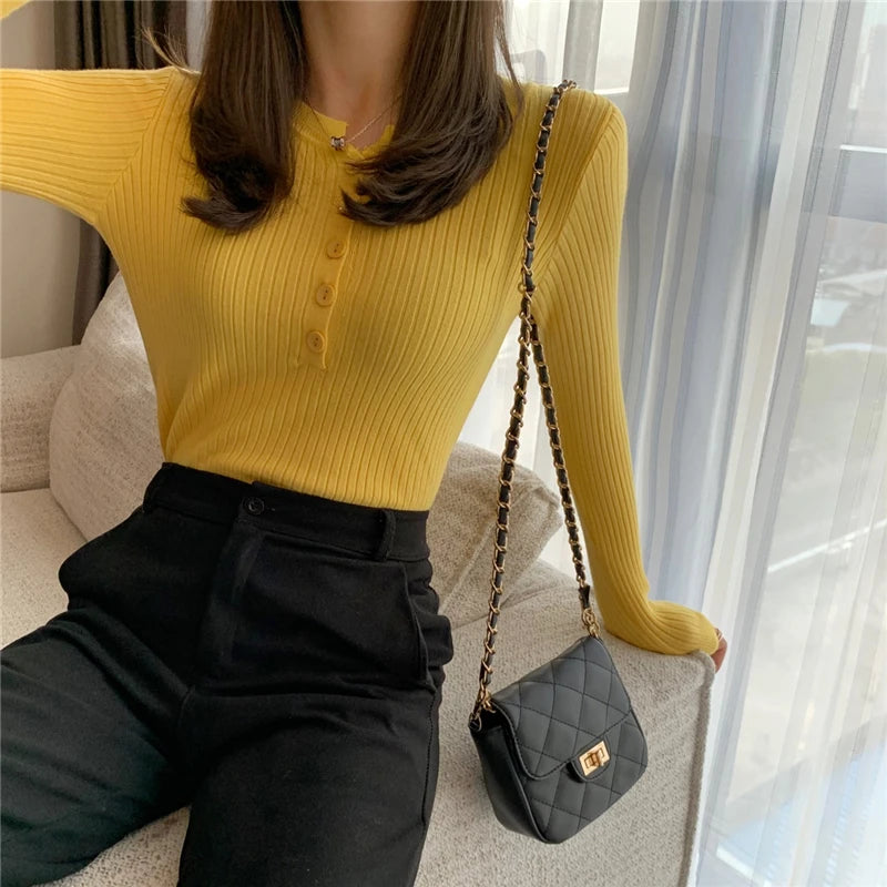 Knitted Women Sweater Button O-neck Pullovers Spring Autumn Basic Sweaters for Female Pullover Slim Solid Bold Stripes Tops