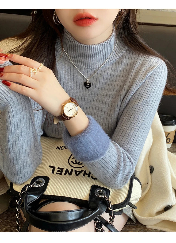 Winter Women’s Turtleneck Sweater, Retro Red Velvet-Lined, Thick Knit Thermal Bottoming Shirt