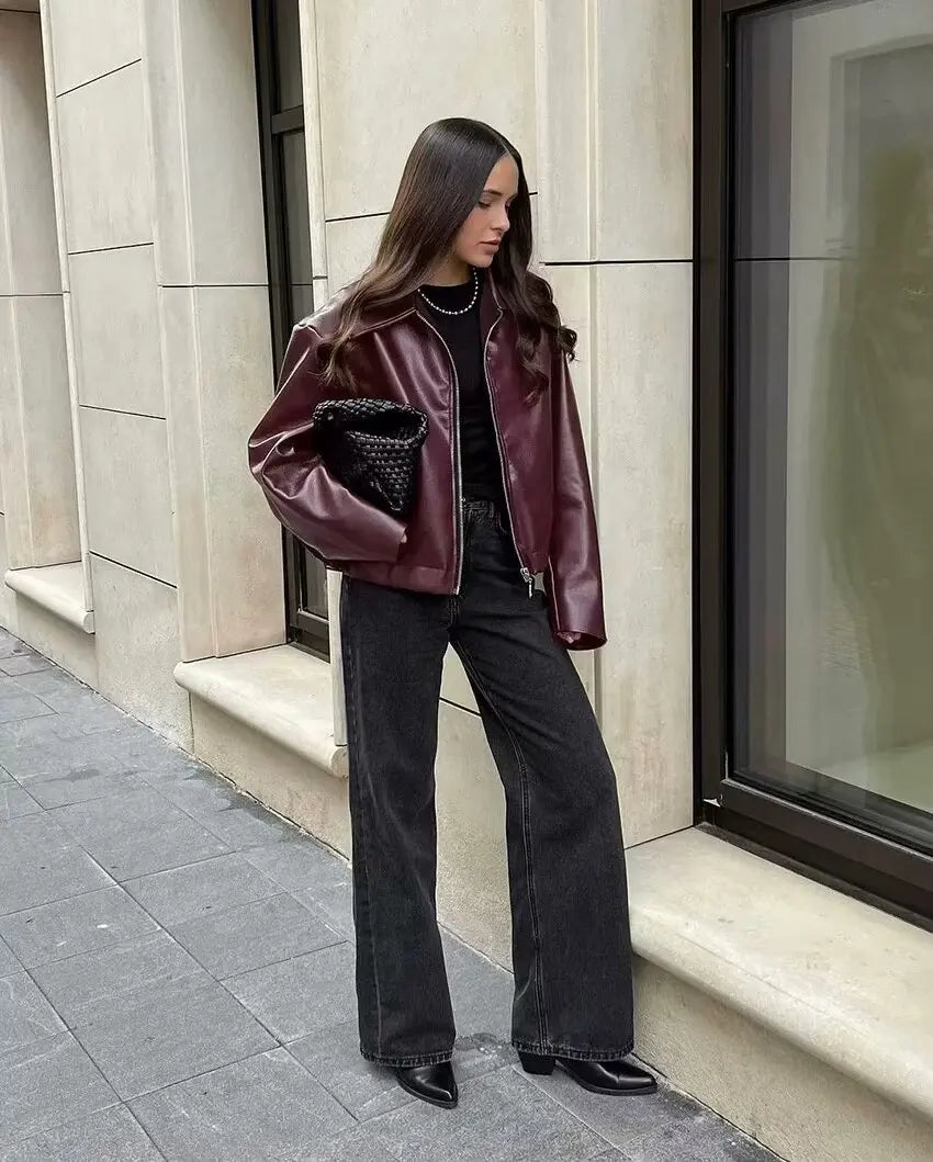 TRAFZA Wine Red Faux Leather Jakcet Fashion Outerwear Thicken Zipper Lapel Pu Coats Autumn Winter Streetwear Ladies Tops Women