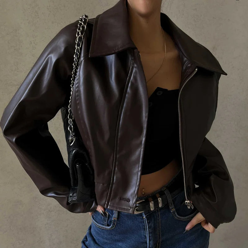 WhereMery Faux Leather Short Jacket Y2K Turn-down Collar Fashion Botton Decoration PU Coat 2022 Grunge Street Casual Women Coats