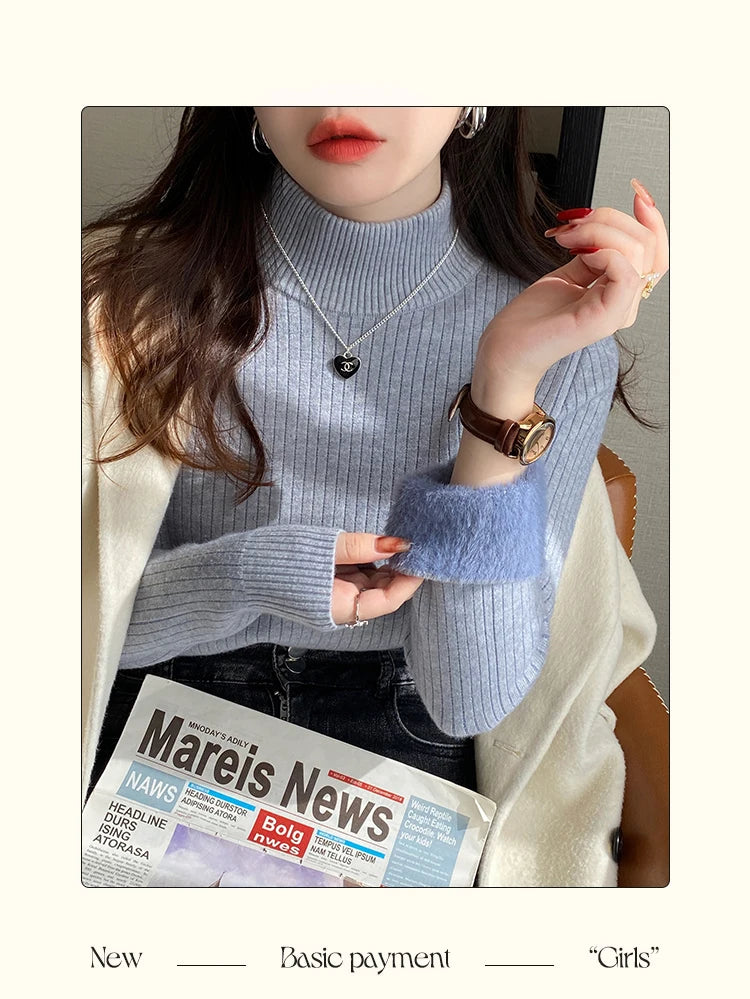 Winter Women’s Turtleneck Sweater, Retro Red Velvet-Lined, Thick Knit Thermal Bottoming Shirt