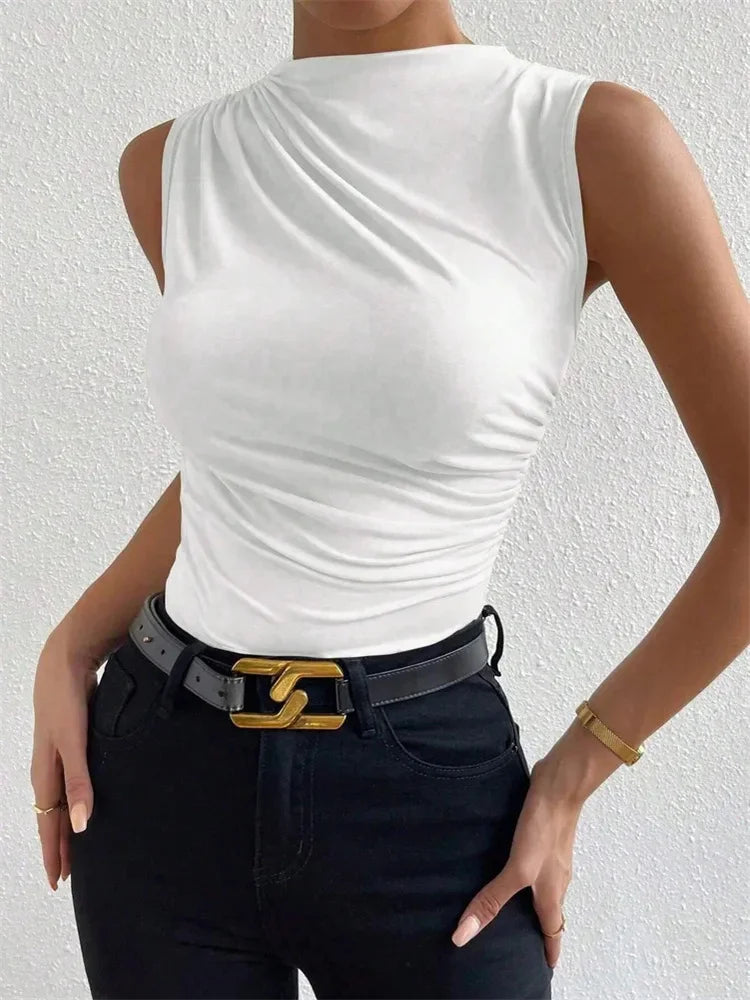 Fashion Casual Mock Neck Ruched Tank Top for Women Summer 2024 Solid Color Pleated Sleeveless Tee Shirt Tshirt Streetwear Y2K