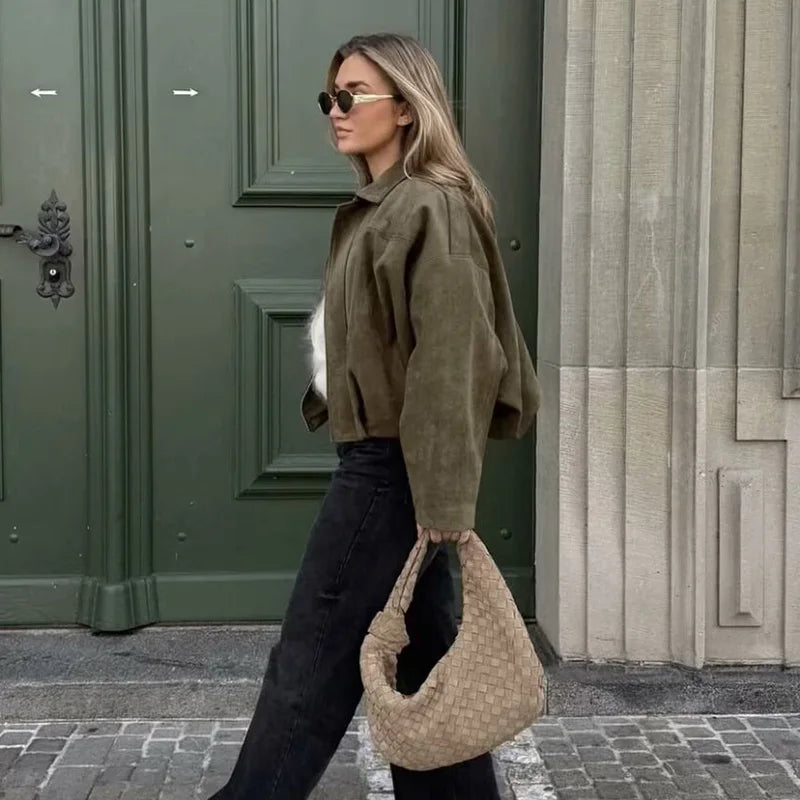 RAFZNB Women's Bomber Jackets Coats Fashion Turn-down Collar Long Sleeve Loose Coats Vintage Female Outerwear Chic Tops