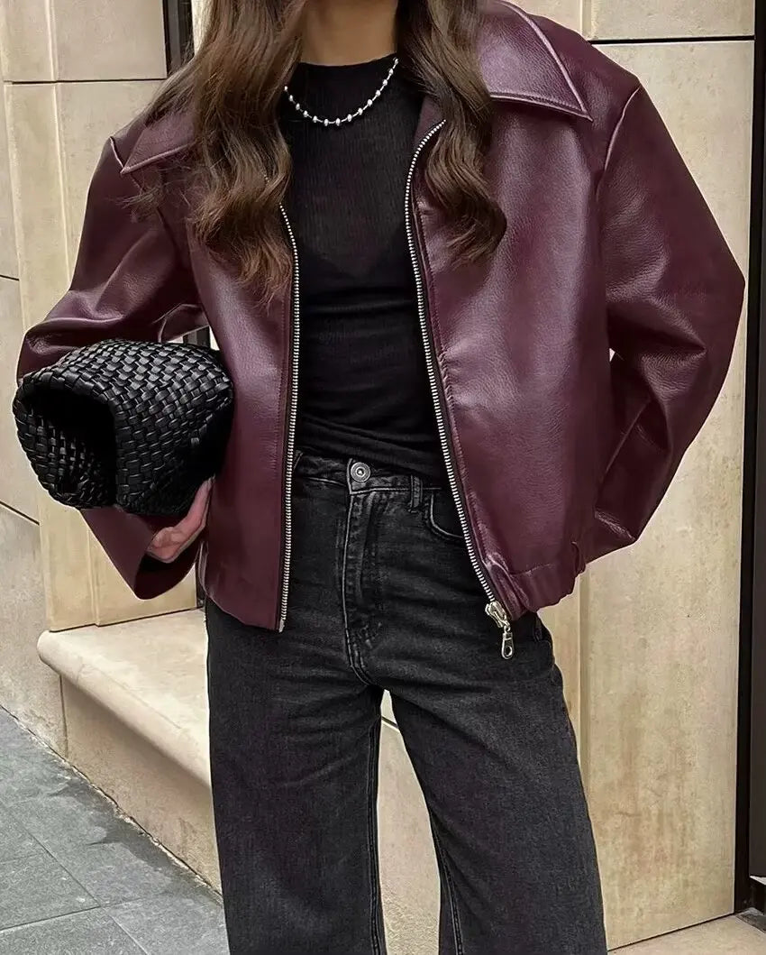 TRAFZA Wine Red Faux Leather Jakcet Fashion Outerwear Thicken Zipper Lapel Pu Coats Autumn Winter Streetwear Ladies Tops Women