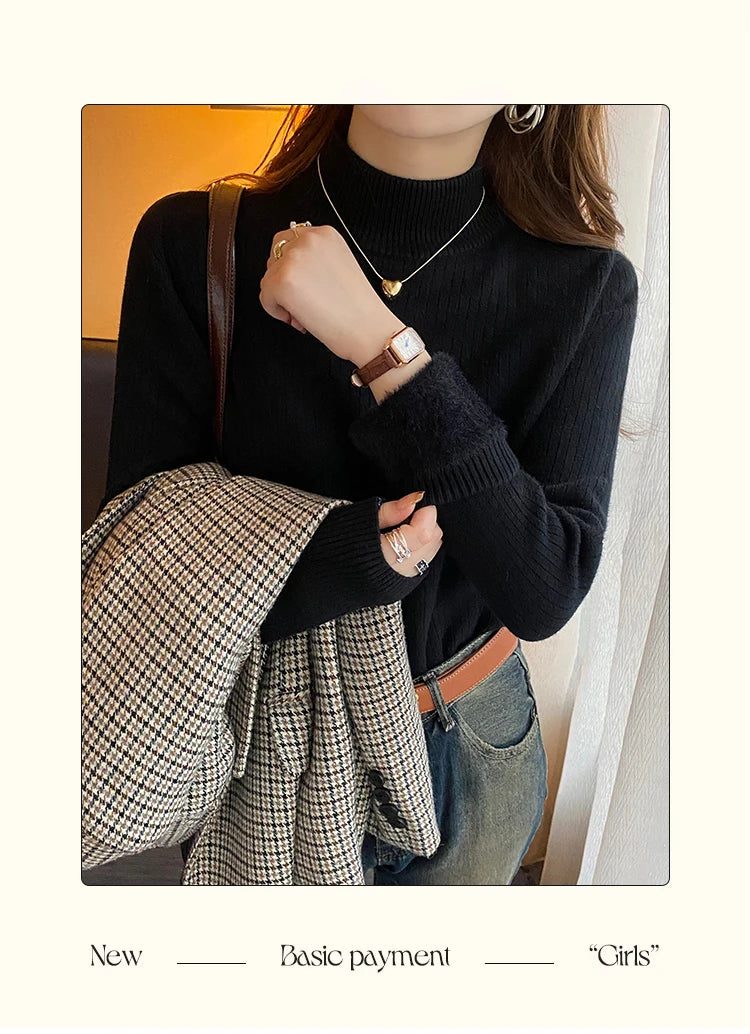 Winter Women’s Turtleneck Sweater, Retro Red Velvet-Lined, Thick Knit Thermal Bottoming Shirt
