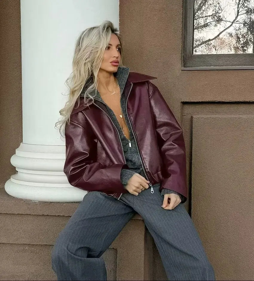 TRAFZA Wine Red Faux Leather Jakcet Fashion Outerwear Thicken Zipper Lapel Pu Coats Autumn Winter Streetwear Ladies Tops Women