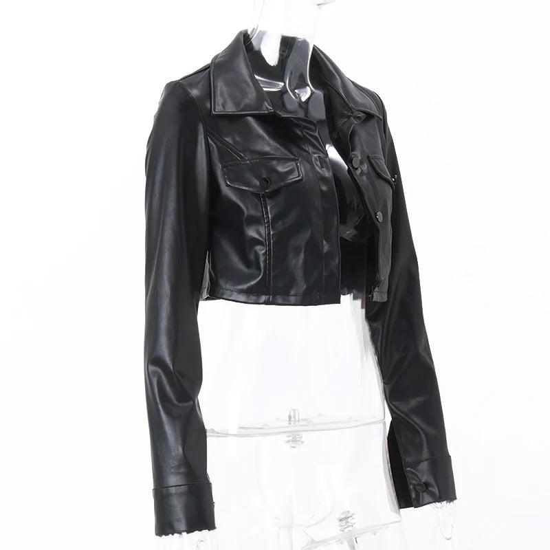 WhereMery Faux Leather Short Jacket Y2K Turn-down Collar Fashion Botton Decoration PU Coat 2022 Grunge Street Casual Women Coats